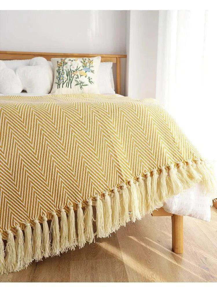Modern Retro Geometric Knitted Blanket with Tassel │ Nordic Style Plaid Bedspread - Besontique Home