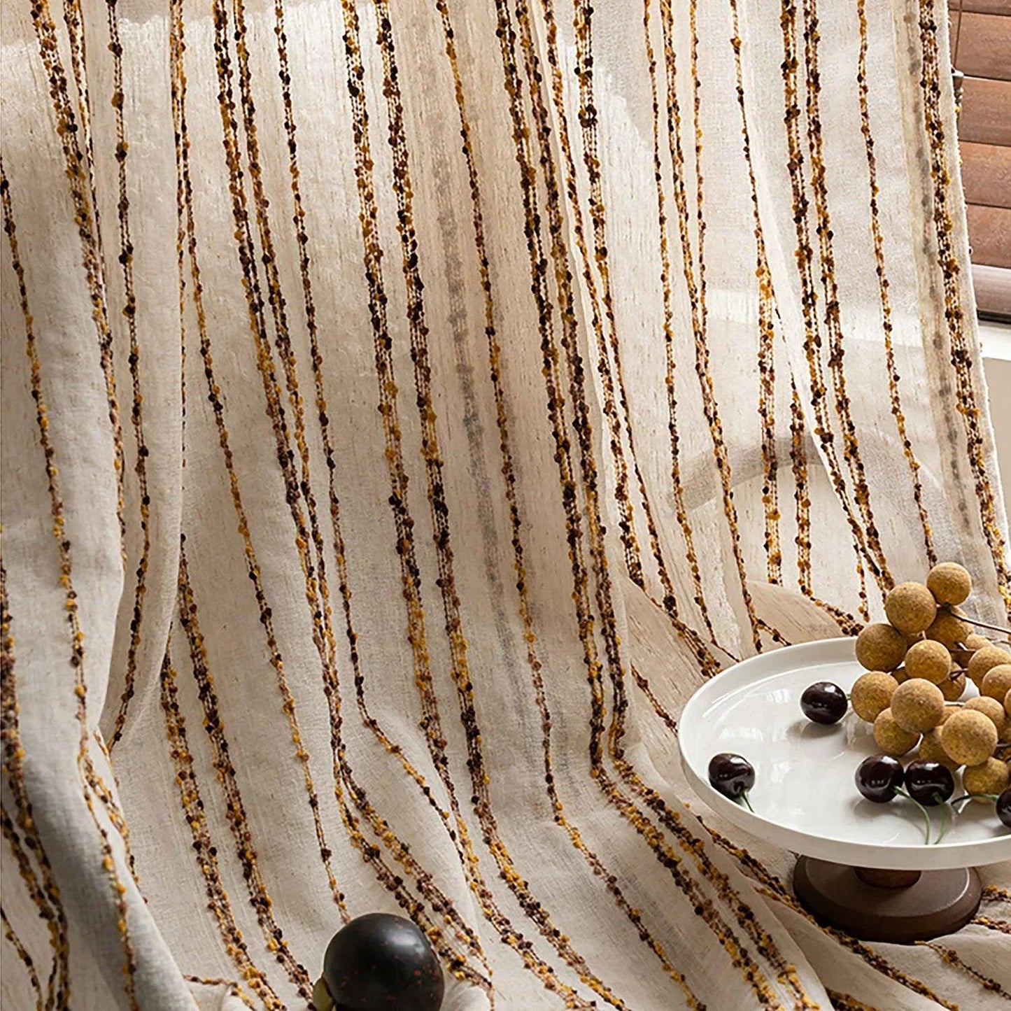 Modern Retro Linen Striped Sheer Curtain │ Yellow Coffee Long Wide Voile Window Drape - Besontique Home