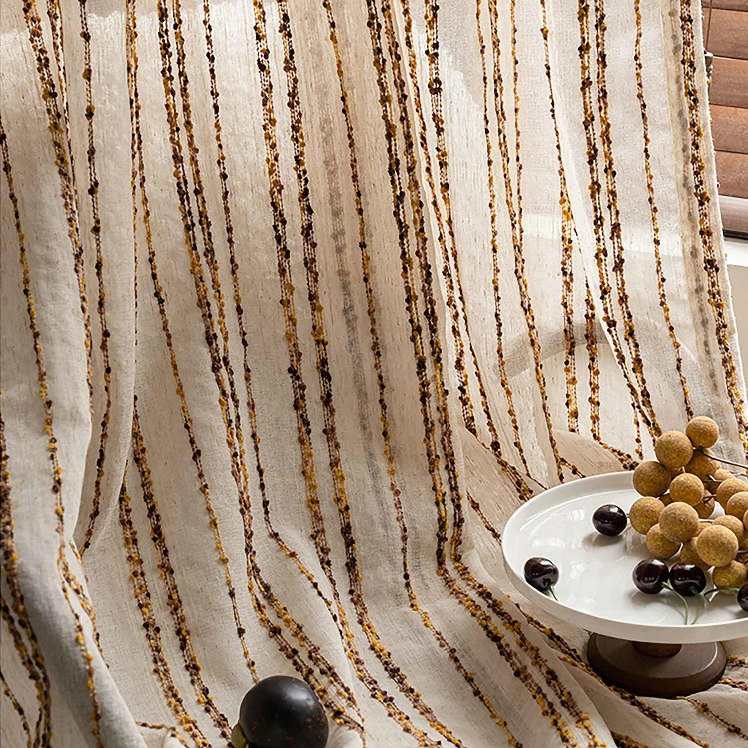 Modern Retro Linen Striped Sheer Curtain │ Yellow Coffee Long Wide Voile Window Drape - Besontique Home