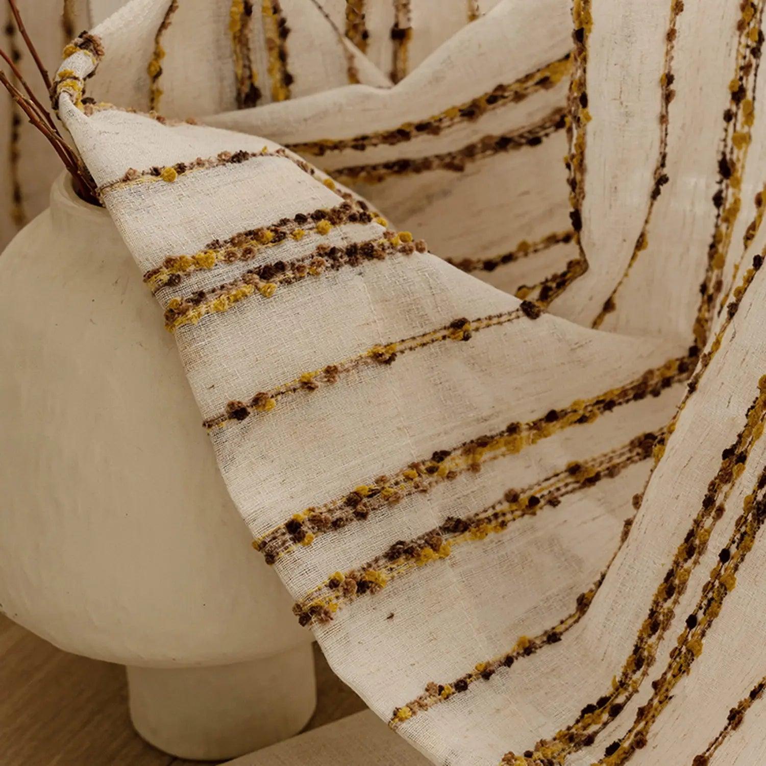Modern Retro Linen Striped Sheer Curtain │ Yellow Coffee Long Wide Voile Window Drape - Besontique Home