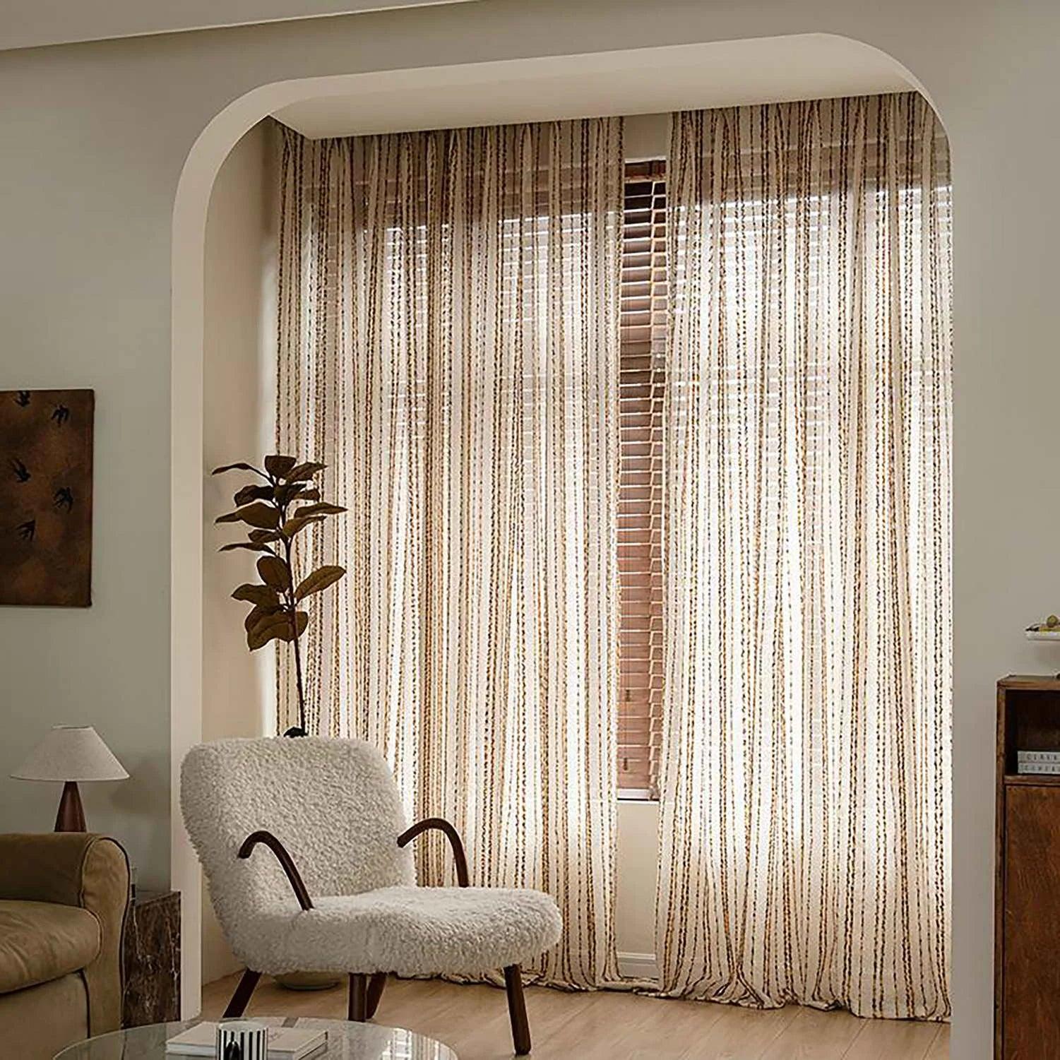 Modern Retro Linen Striped Sheer Curtain │ Yellow Coffee Long Wide Voile Window Drape - Besontique Home