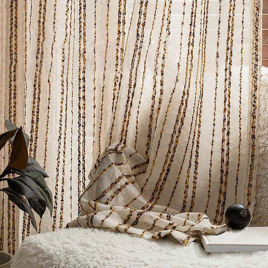 Modern Retro Linen Striped Sheer Curtain │ Yellow Coffee Long Wide Voile Window Drape - Besontique Home