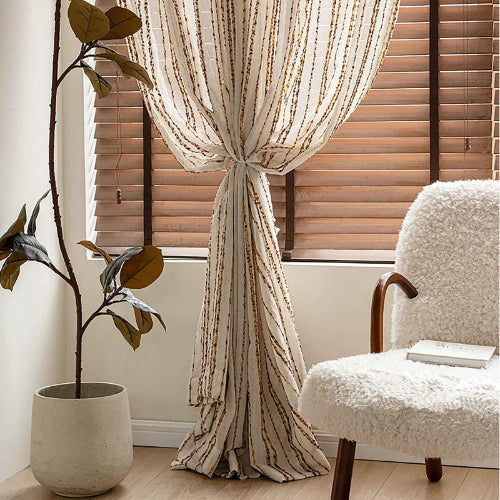 Modern Retro Linen Striped Sheer Curtain │ Yellow Coffee Long Wide Voile Window Drape - Besontique Home