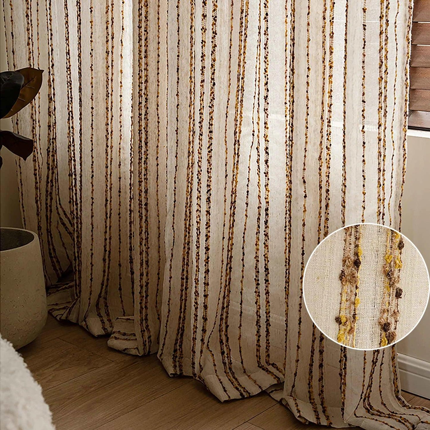 Modern Retro Linen Striped Sheer Curtain │ Yellow Coffee Long Wide Voile Window Drape - Besontique Home