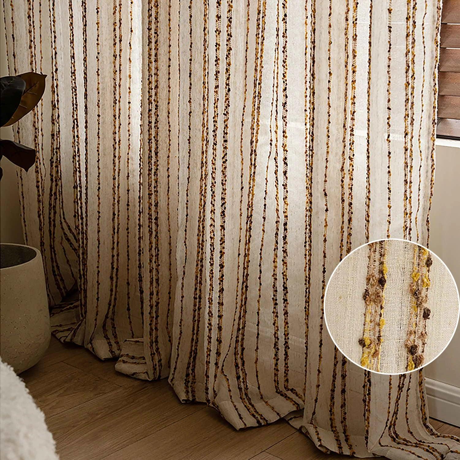Modern Retro Linen Striped Sheer Curtain │ Yellow Coffee Long Wide Voile Window Drape - Besontique Home