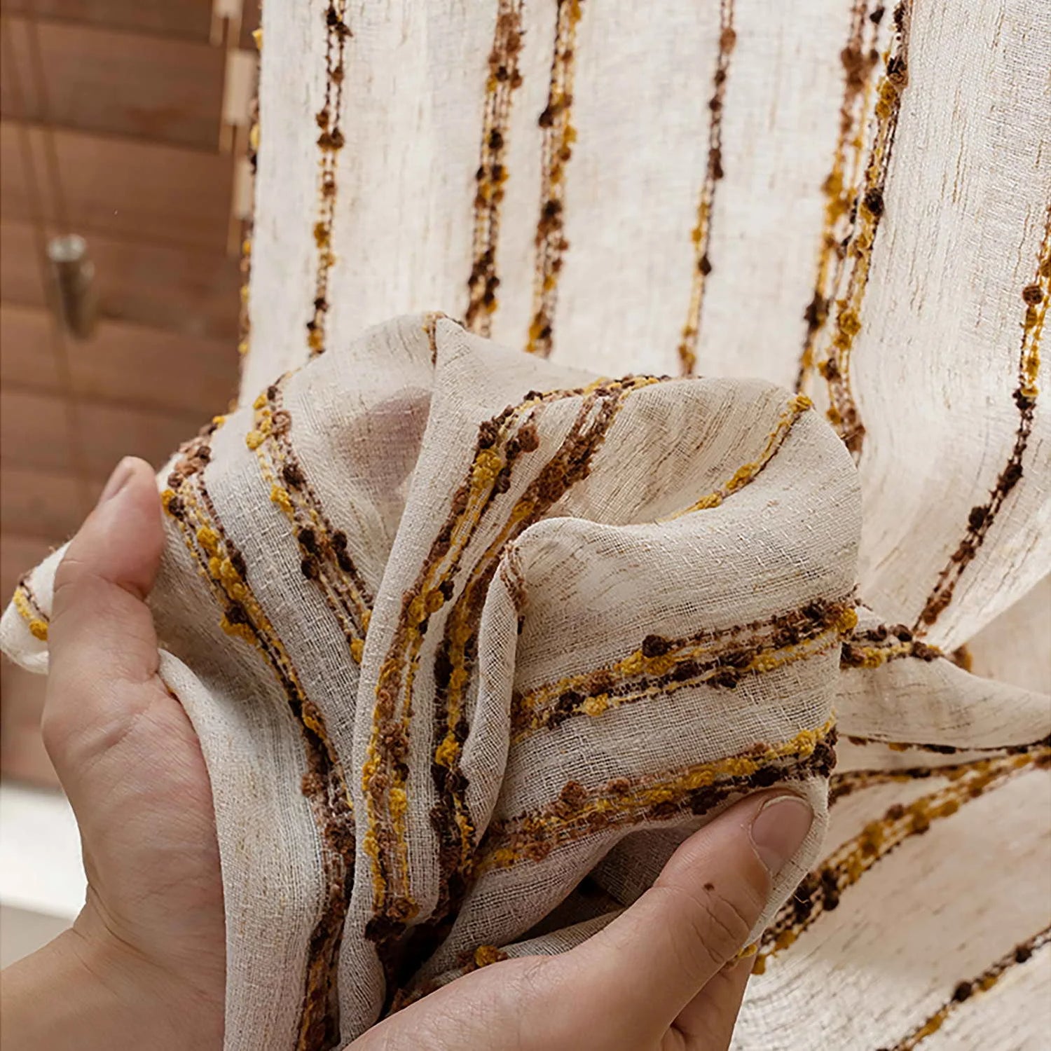 Modern Retro Linen Striped Sheer Curtain │ Yellow Coffee Long Wide Voile Window Drape - Besontique Home