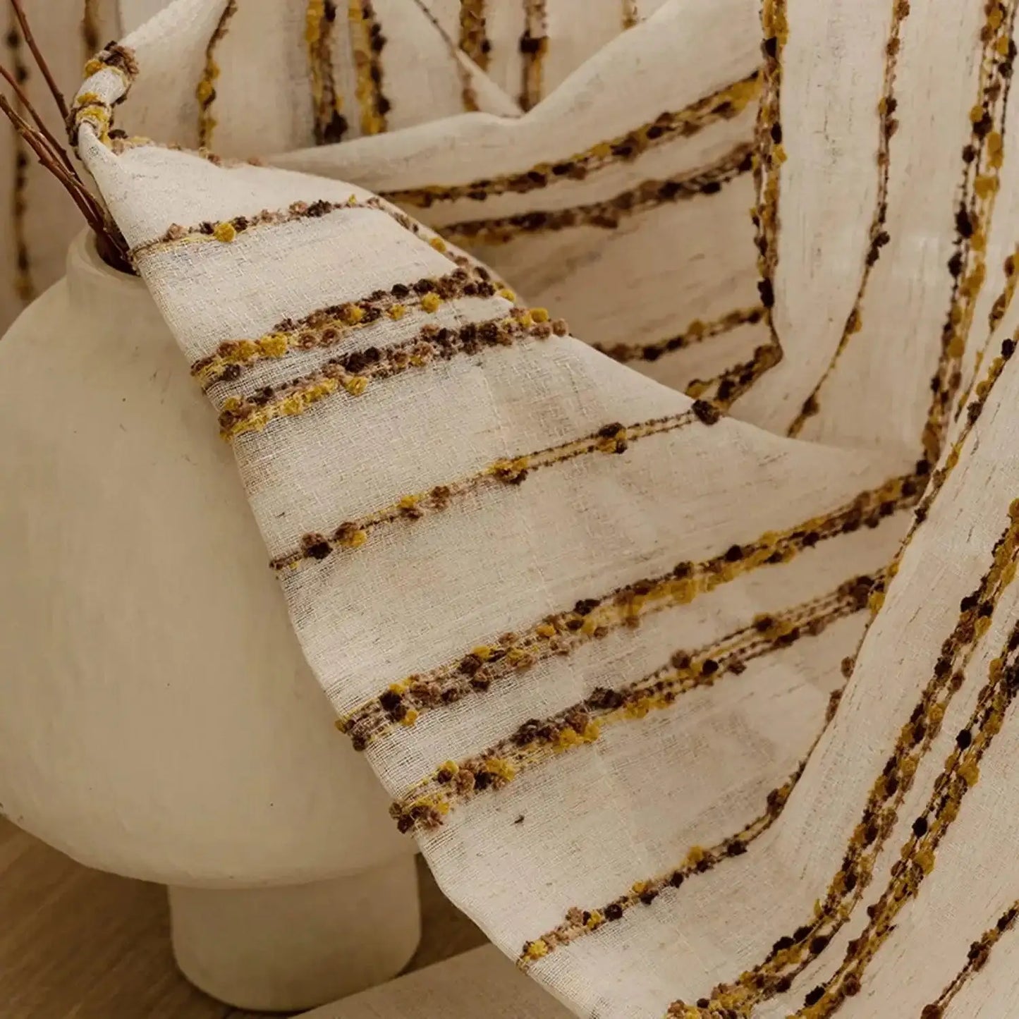 Modern Retro Linen Striped Sheer Curtain │ Yellow Coffee Long Wide Voile Window Drape - Besontique Home