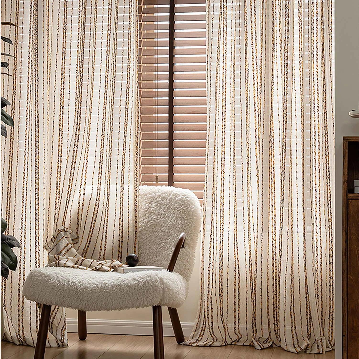 Modern Retro Linen Striped Sheer Curtain │ Yellow Coffee Long Wide Voile Window Drape - Besontique Home