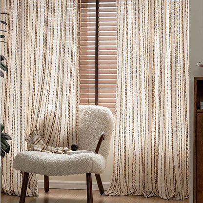 Modern Retro Linen Striped Sheer Curtain │ Yellow Coffee Long Wide Voile Window Drape - Besontique Home