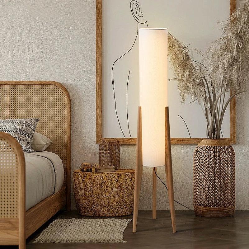 Modern Retro Wood Fabric Tripod Floor Lamp │ Scandinavian Art LED Home Mood Tall Stand Light - Besontique