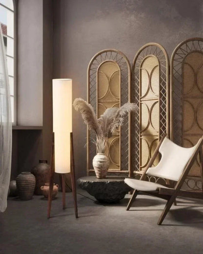 Modern Retro Wood Fabric Tripod Floor Lamp │ Scandinavian Art LED Home Mood Tall Stand Light - Besontique Home