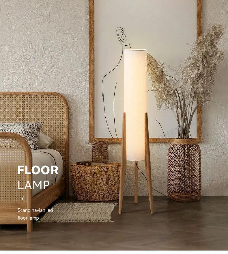Modern Retro Wood Fabric Tripod Floor Lamp │ Scandinavian Art LED Home Mood Tall Stand Light - Besontique Home