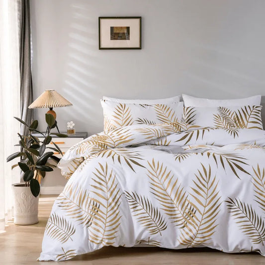 Modern Style Gold Green Botanical Print Bedding Set │ High Quality Soft Comfortable Bed Duvet cover Pillow case - Besontique Home