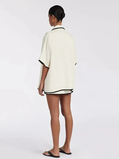 Modern style Half Sleeve Short skirt 2 Piece Pajama Set │ Minimal Beige Cotton Homewear Sleepwear - Besontique Home