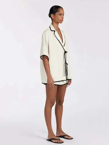 Modern style Half Sleeve Short skirt 2 Piece Pajama Set │ Minimal Beige Cotton Homewear Sleepwear - Besontique Home