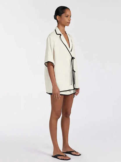 Modern style Half Sleeve Short skirt 2 Piece Pajama Set │ Minimal Beige Cotton Homewear Sleepwear - Besontique Home