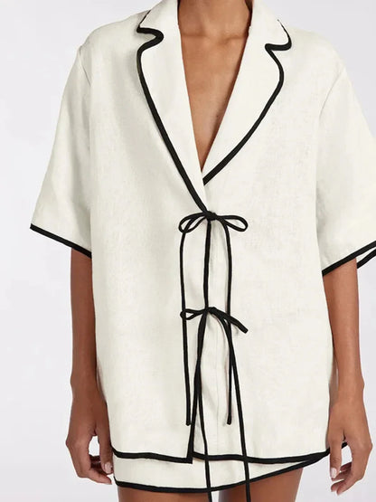 Modern style Half Sleeve Short skirt 2 Piece Pajama Set │ Minimal Beige Cotton Homewear Sleepwear - Besontique Home