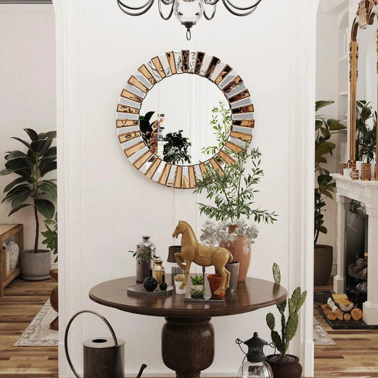 Modern Sunburst Round Wall Mounted Mirror │ Beveled Edge Glass Decorative Wall Hanging Mirror - Besontique Home