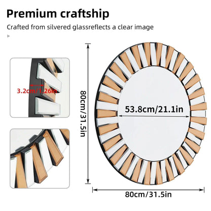 Modern Sunburst Round Wall Mounted Mirror │ Beveled Edge Glass Decorative Wall Hanging Mirror - Besontique Home
