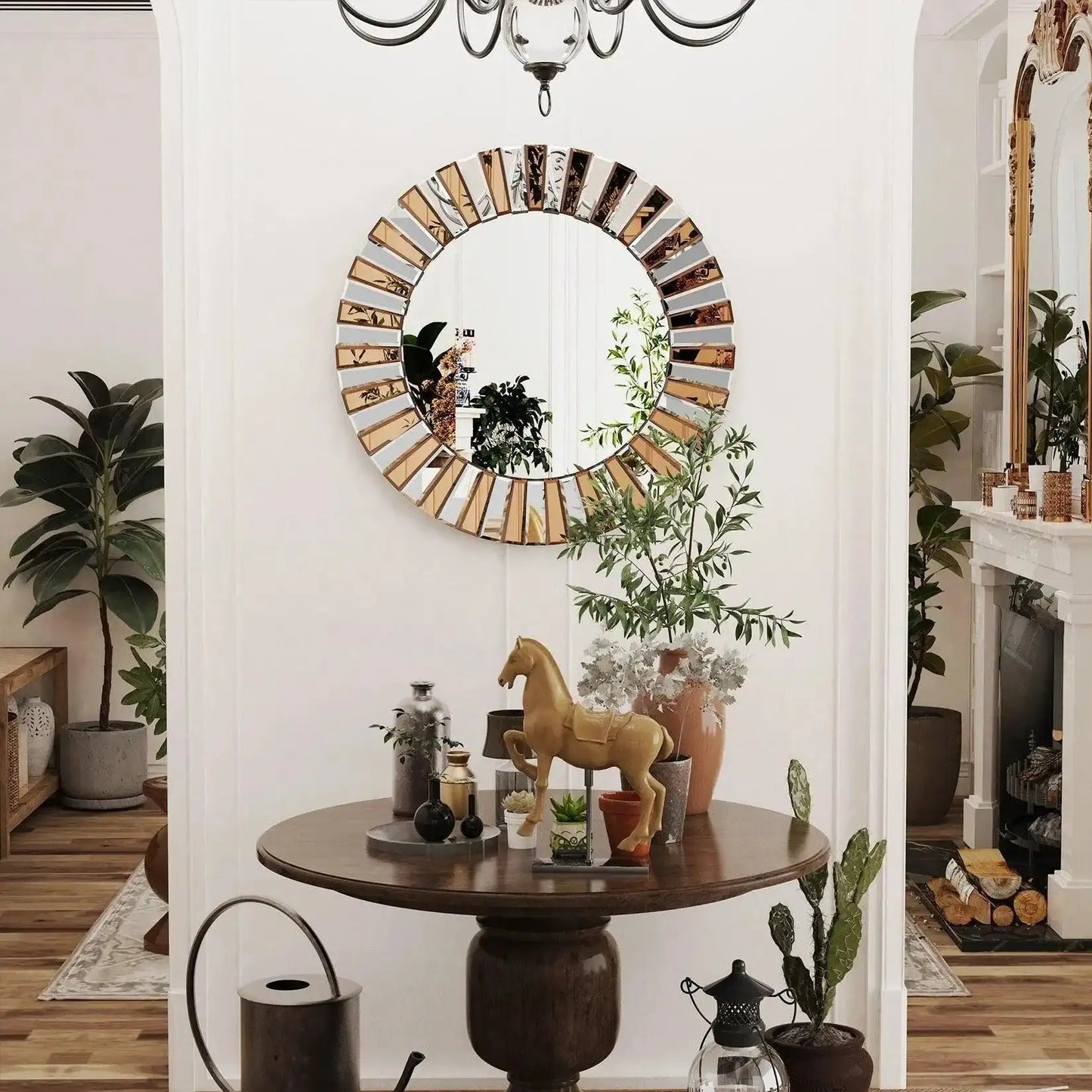 Modern Sunburst Round Wall Mounted Mirror │ Beveled Edge Glass Decorative Wall Hanging Mirror - Besontique Home