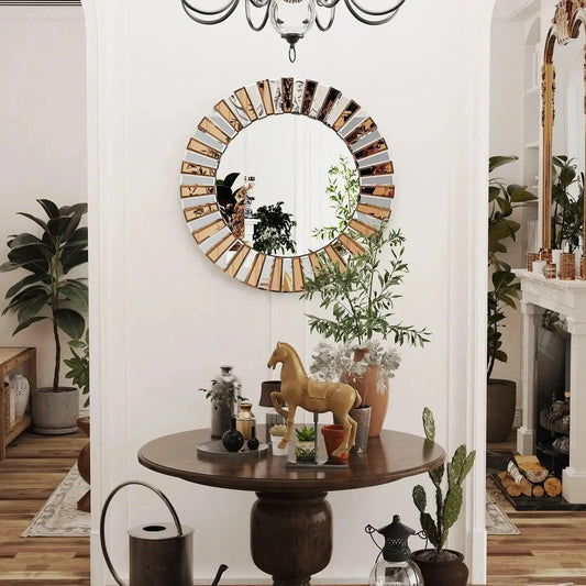 Modern Sunburst Round Wall Mounted Mirror │ Beveled Edge Glass Decorative Wall Hanging Mirror - Besontique Home