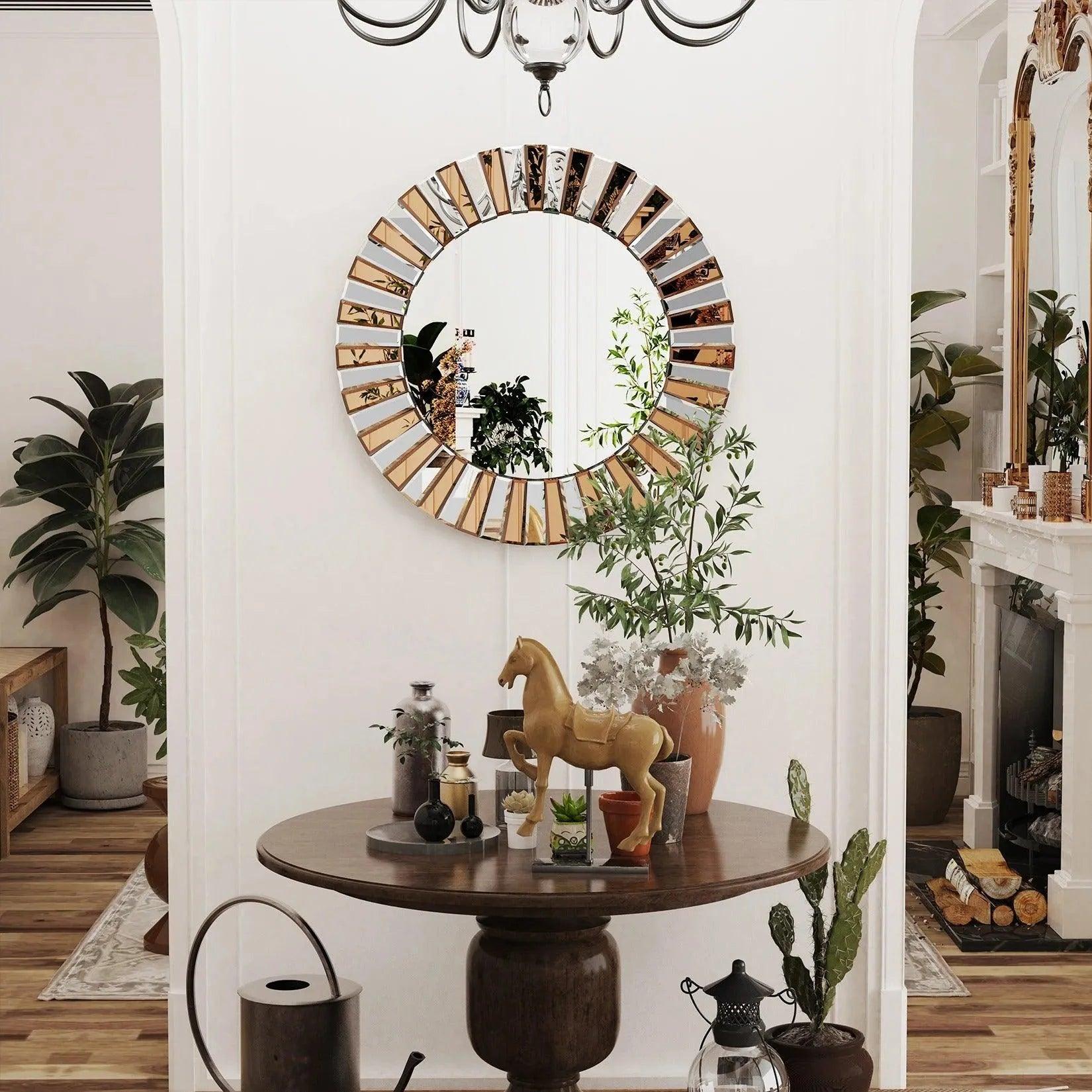 Modern Sunburst Round Wall Mounted Mirror │ Beveled Edge Glass Decorative Wall Hanging Mirror - Besontique Home