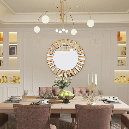 Modern Sunburst Round Wall Mounted Mirror │ Beveled Edge Glass Decorative Wall Hanging Mirror - Besontique Home