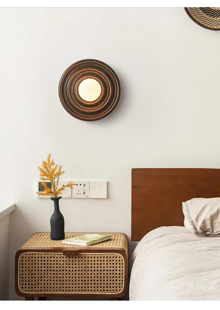 Modern Vintage Round Circle Log Dark Wood Wall Lamp │ Nordic Minimal Entryway Hallway Light - Besontique Home
