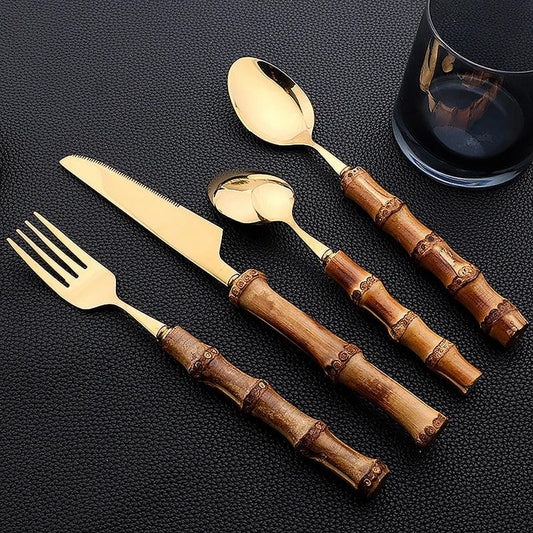 Natural Bamboo Stainless Steel Cutlery Set – 24pcs Modern Vintage Flatware Kitchenware (Knives, Forks & Spoons) - Besontique Home