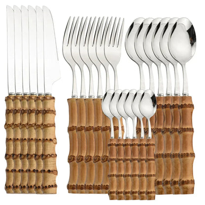 Natural Bamboo Stainless Steel Cutlery Set – 24pcs Modern Vintage Flatware Kitchenware (Knives, Forks & Spoons) - Besontique Home