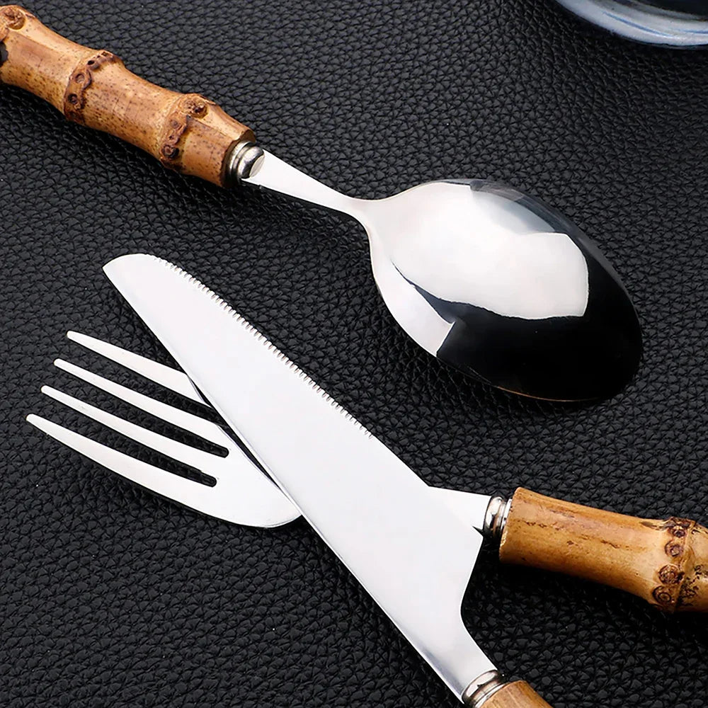 Natural Bamboo Stainless Steel Cutlery Set – 24pcs Modern Vintage Flatware Kitchenware (Knives, Forks & Spoons) - Besontique Home