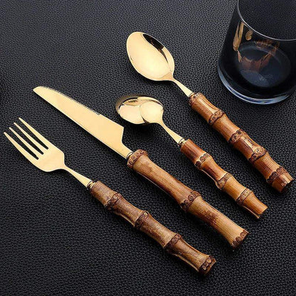 Natural Bamboo Stainless Steel Cutlery Set – 24pcs Modern Vintage Flatware Kitchenware (Knives, Forks & Spoons) - Besontique Home