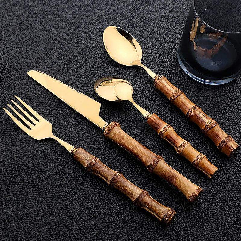 Natural Bamboo Stainless Steel Cutlery Set – 24pcs Modern Vintage Flatware Kitchenware (Knives, Forks & Spoons) - Besontique Home