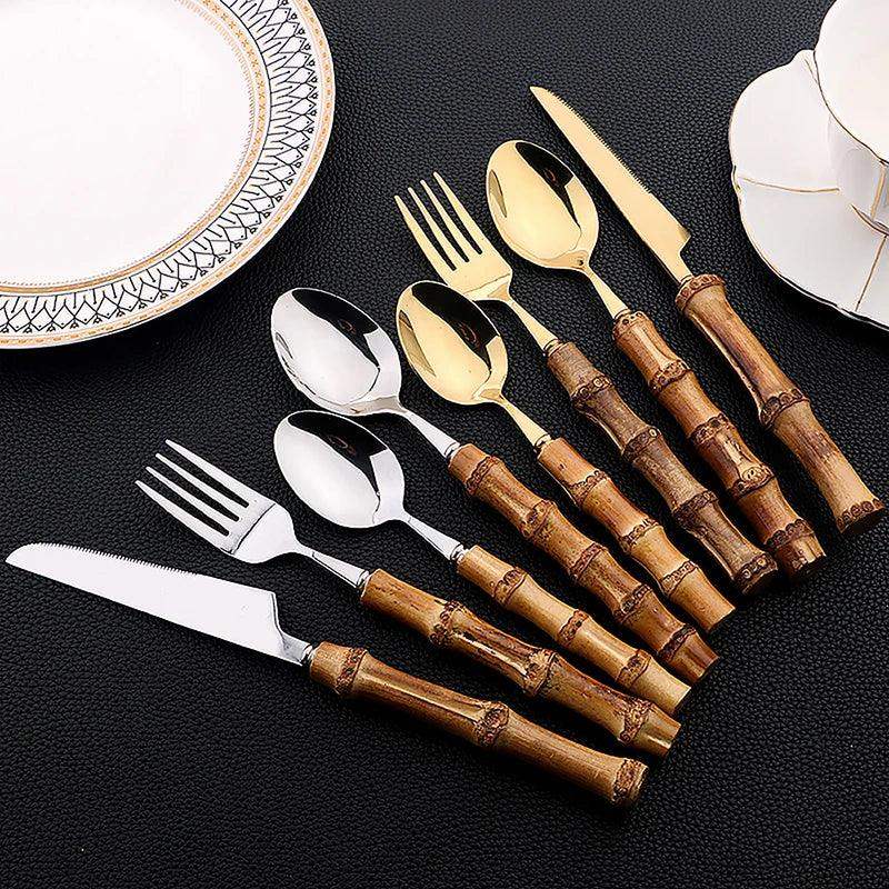Natural Bamboo Stainless Steel Cutlery Set – 24pcs Modern Vintage Flatware Kitchenware (Knives, Forks & Spoons) - Besontique Home