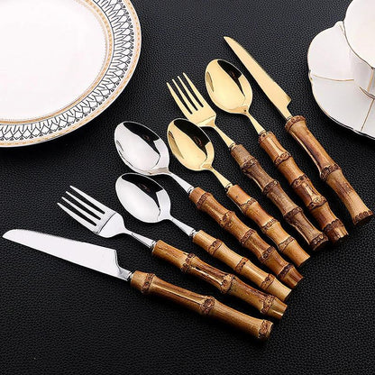 Natural Bamboo Stainless Steel Cutlery Set – 24pcs Modern Vintage Flatware Kitchenware (Knives, Forks & Spoons) - Besontique Home