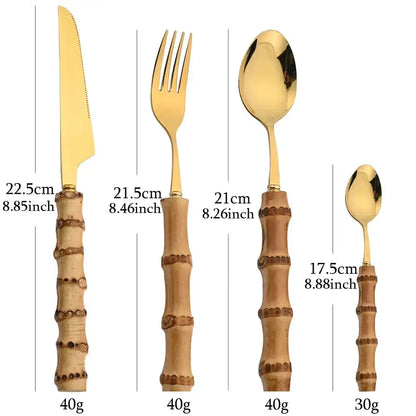 Natural Bamboo Stainless Steel Cutlery Set – 24pcs Modern Vintage Flatware Kitchenware (Knives, Forks & Spoons) - Besontique Home