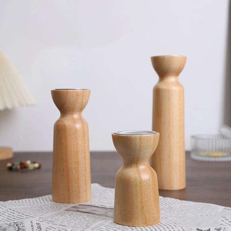 Natural Wooden Candlesticks Candle Holder Set │ Modern Retro Vintage Candle Stand - Besontique Home