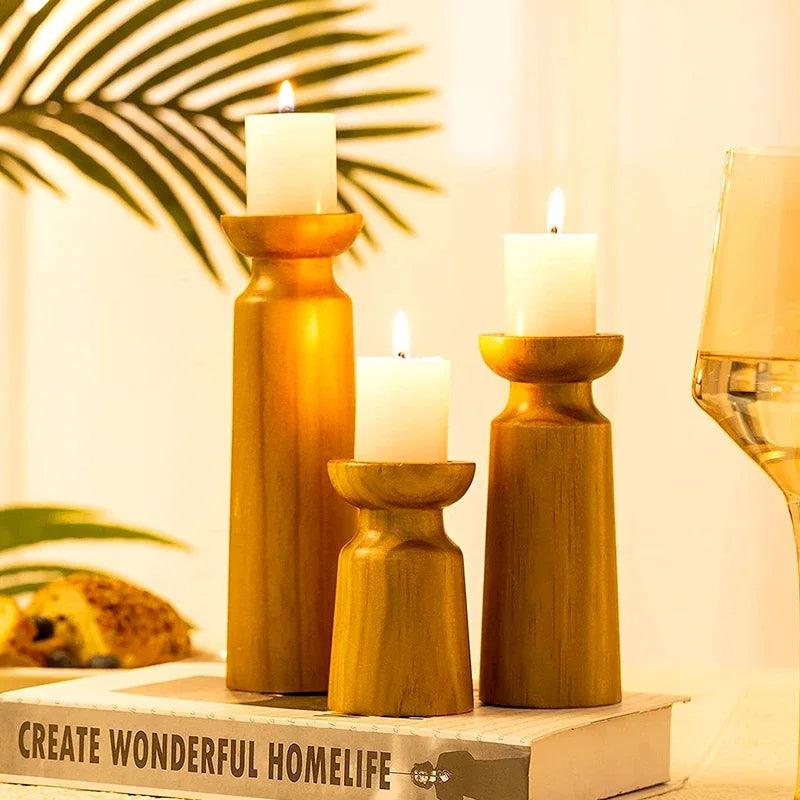 Natural Wooden Candlesticks Candle Holder Set │ Modern Retro Vintage Candle Stand - Besontique Home