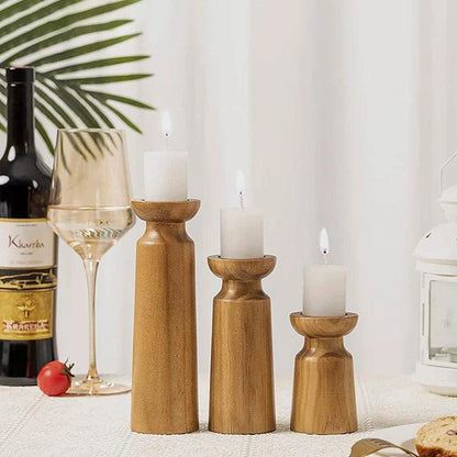 Natural Wooden Candlesticks Candle Holder Set │ Modern Retro Vintage Candle Stand - Besontique Home