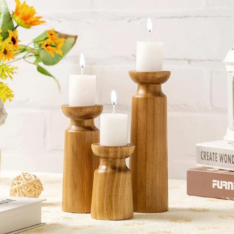 Natural Wooden Candlesticks Candle Holder Set │ Modern Retro Vintage Candle Stand - Besontique Home