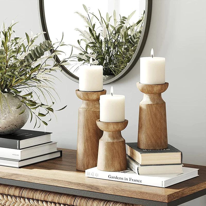 Natural Wooden Candlesticks Candle Holder Set │ Modern Retro Vintage Candle Stand - Besontique Home