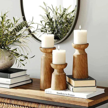 Natural Wooden Candlesticks Candle Holder Set │ Modern Retro Vintage Candle Stand - Besontique Home