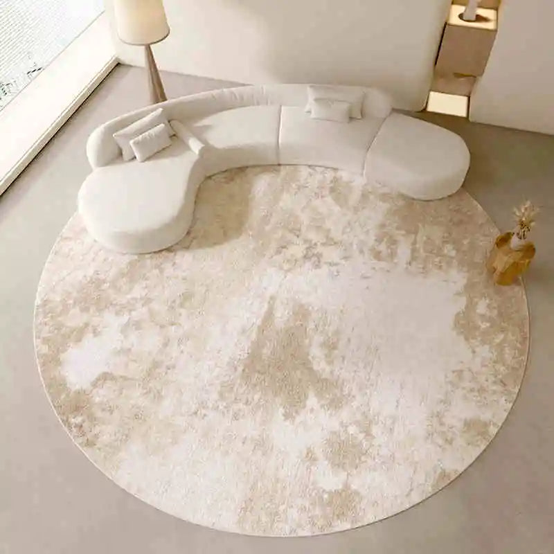 Neutral Color Round Floor Plush Rug │ Minimal Beige Fading Pattern Decorative Carpet │ Simple Large Lounge Mat - Besontique Home