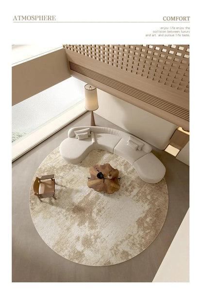 Neutral Color Round Floor Plush Rug │ Minimal Beige Fading Pattern Decorative Carpet │ Simple Large Lounge Mat - Besontique Home