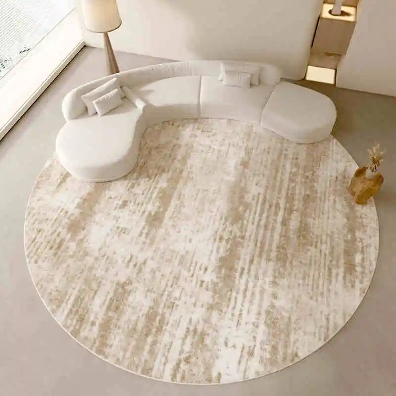 Neutral Color Round Floor Plush Rug │ Minimal Beige Fading Pattern Decorative Carpet │ Simple Large Lounge Mat - Besontique Home