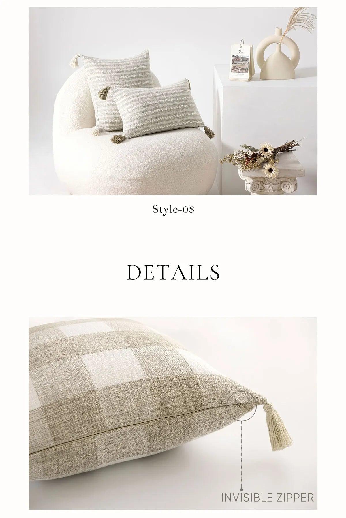 Nordic Beige Khaki Plaid Striped Cushion Cover │ Minimal Home Throw Pillow Covers - Besontique Home