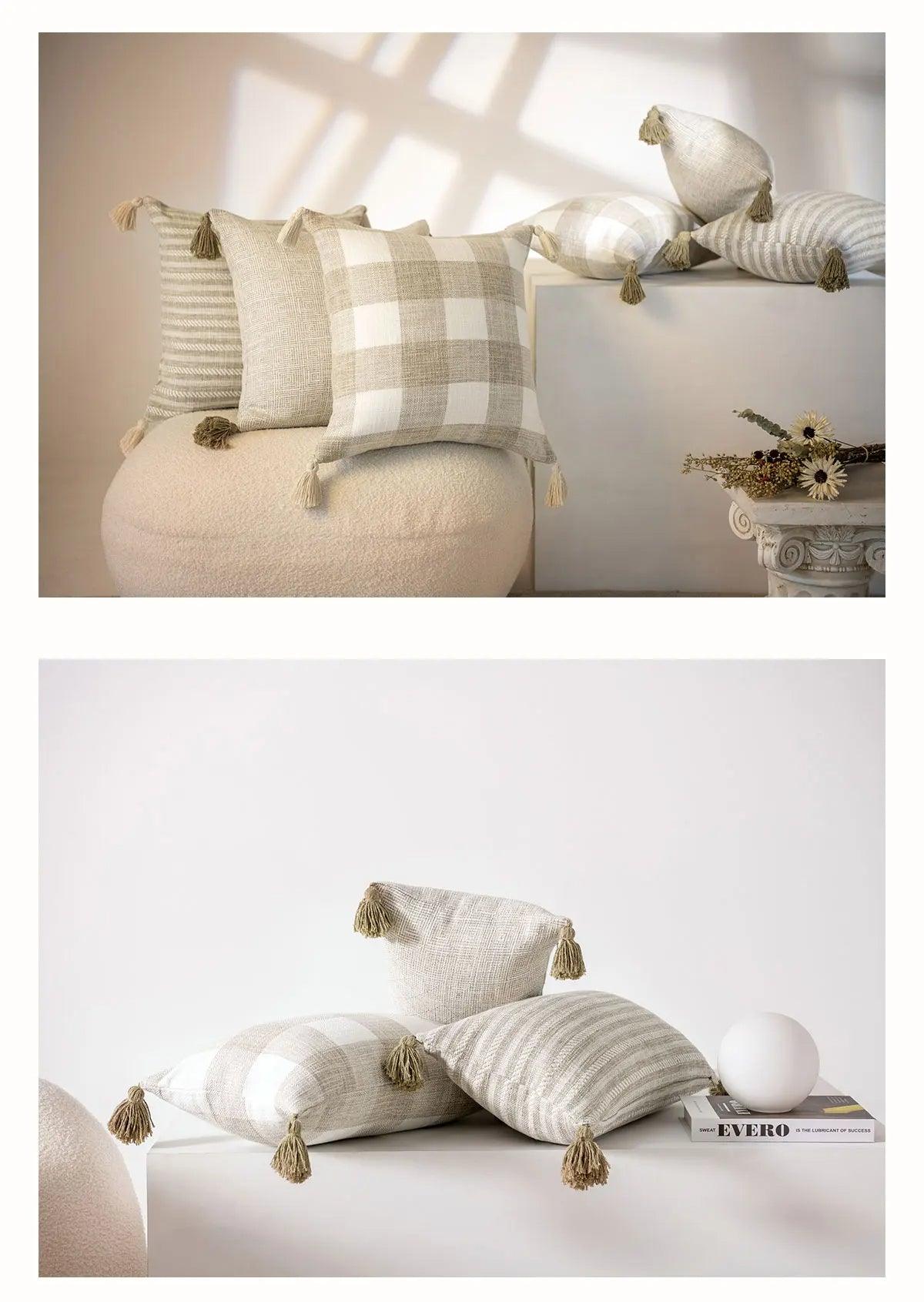 Nordic Beige Khaki Plaid Striped Cushion Cover │ Minimal Home Throw Pillow Covers - Besontique Home