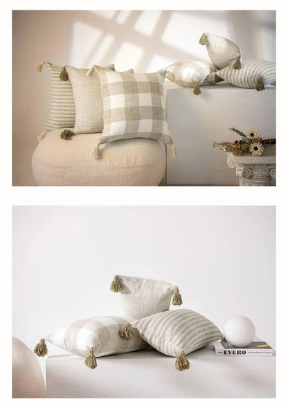 Nordic Beige Khaki Plaid Striped Cushion Cover │ Minimal Home Throw Pillow Covers - Besontique Home