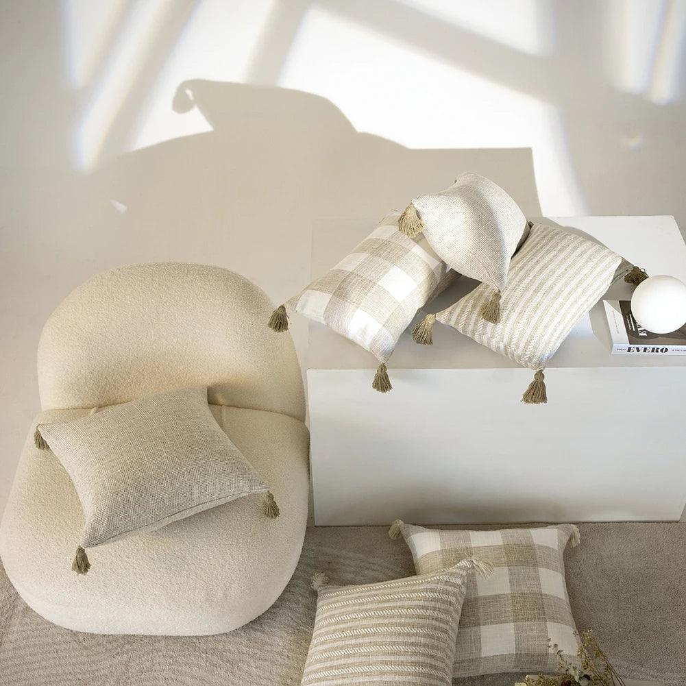 Nordic Beige Khaki Plaid Striped Cushion Cover │ Minimal Home Throw Pillow Covers - Besontique Home
