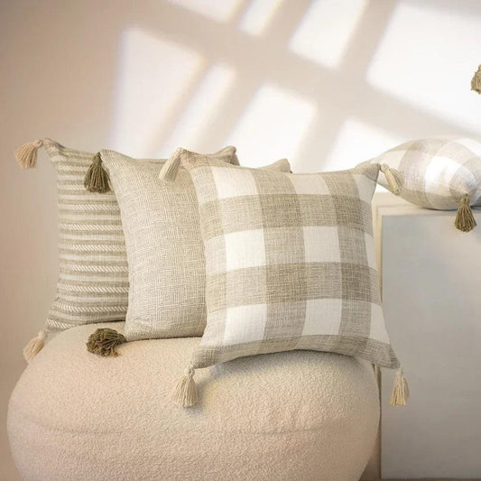 Nordic Beige Khaki Plaid Striped Cushion Cover │ Minimal Home Throw Pillow Covers - Besontique Home